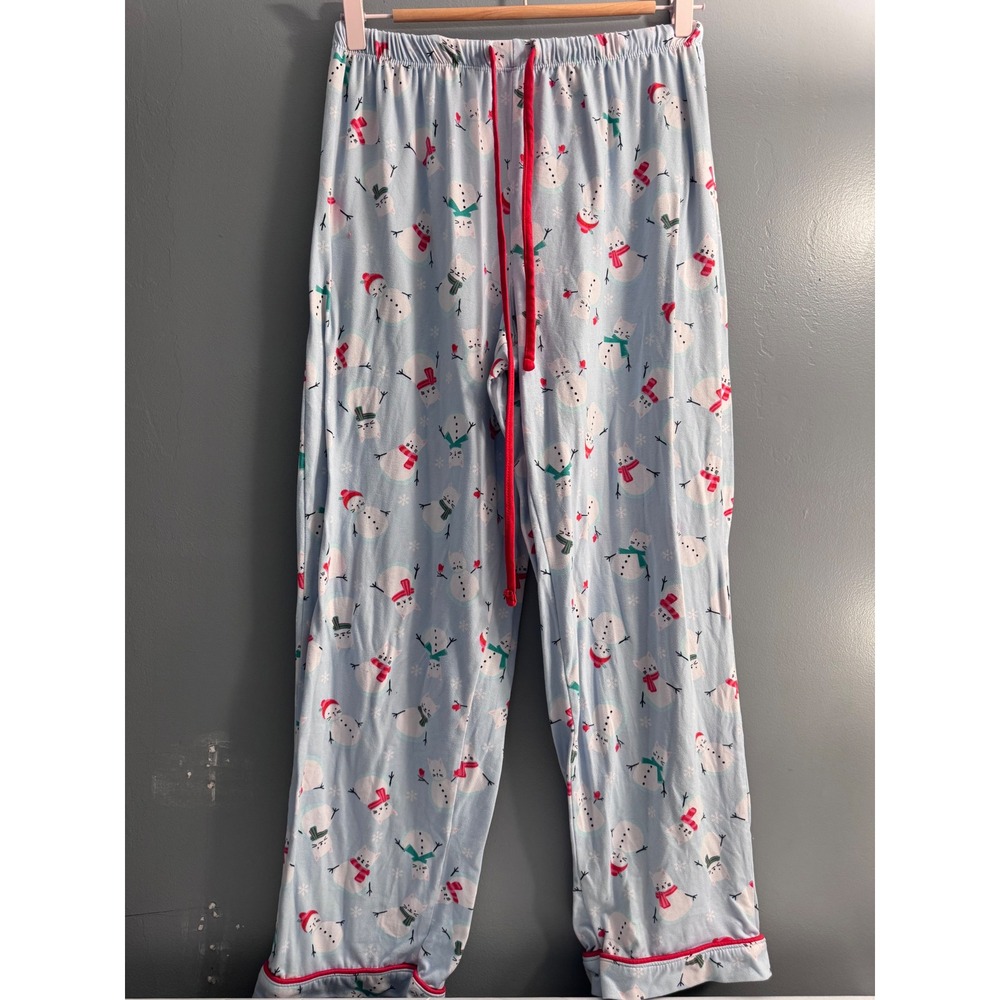 Pillow Talk Snowman Winter Cat Pajama Pants Blue Red Drawstring Womens Medium